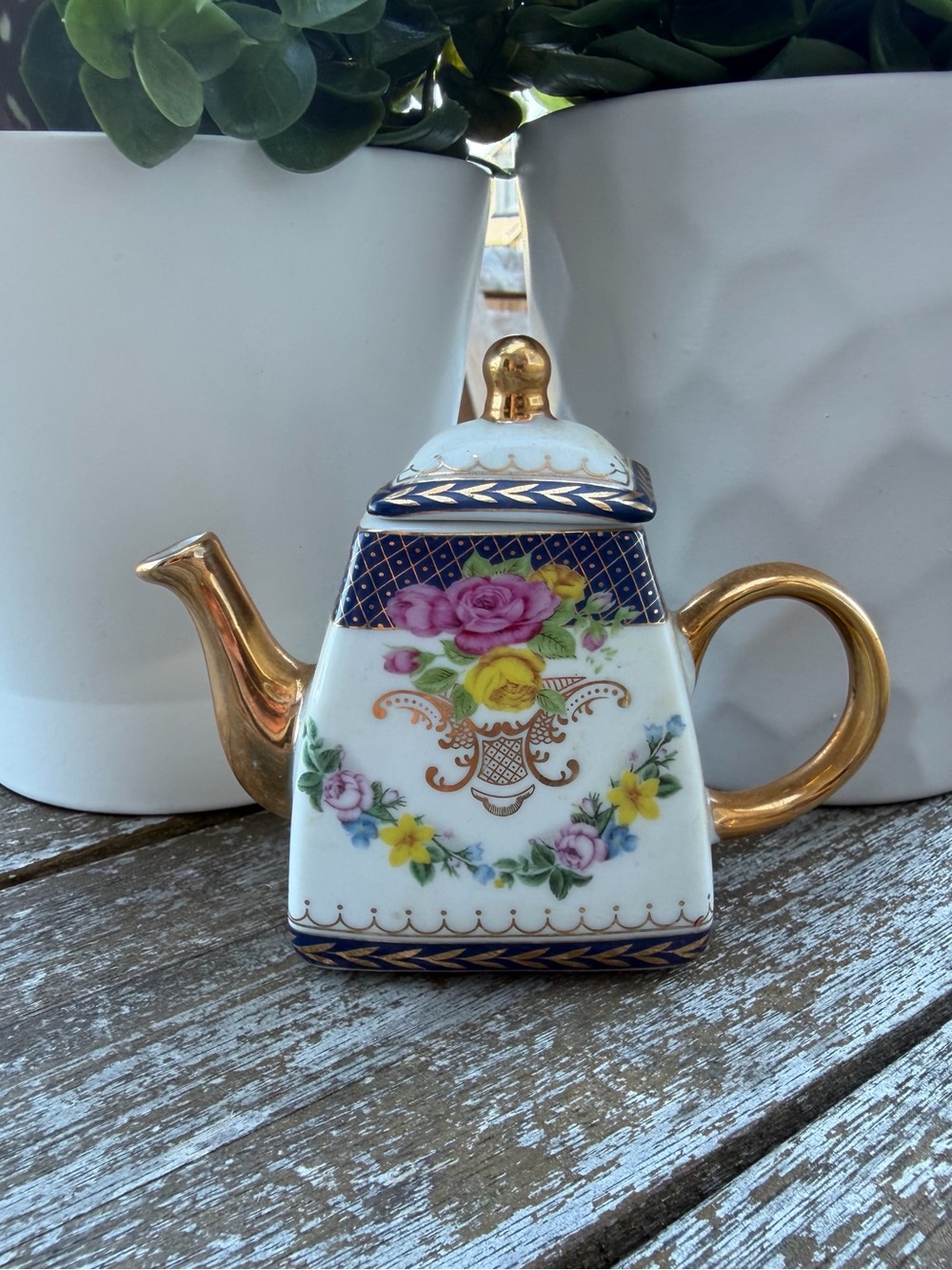 Miniature Porcelain Teapot Blue Gold Floral Decorative Collectible